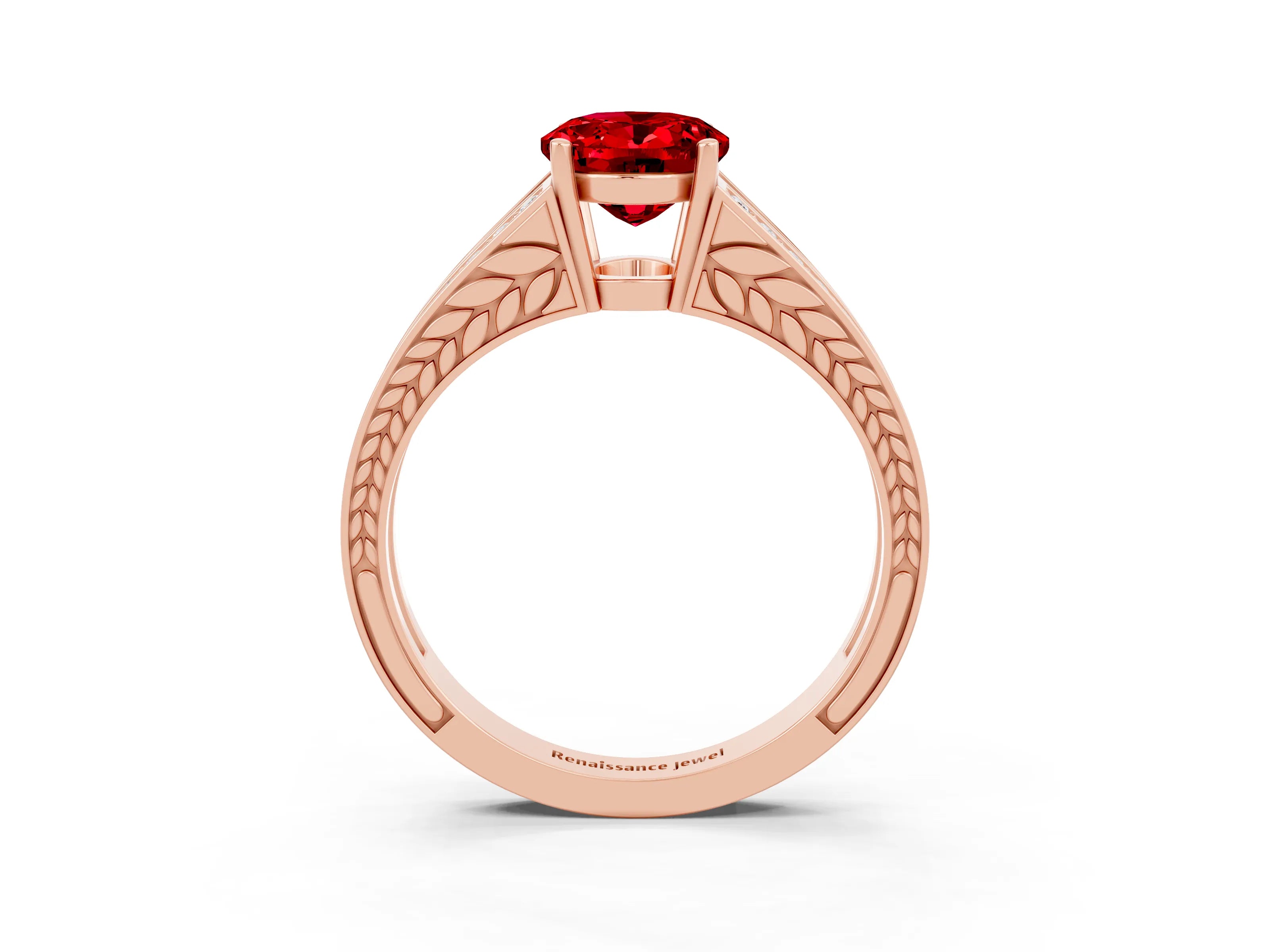 Rose gold Oval Cut Ruby Split Shank Ring with Pavé Band and Four-Prong Setting_3