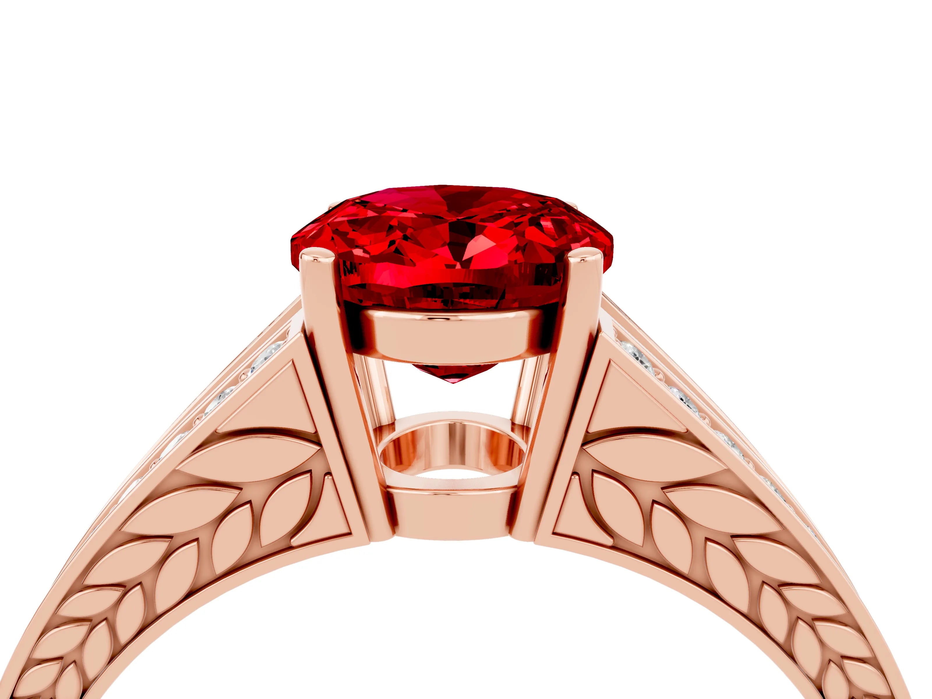 Rose gold Oval Cut Ruby Split Shank Ring with Pavé Band and Four-Prong Setting_4