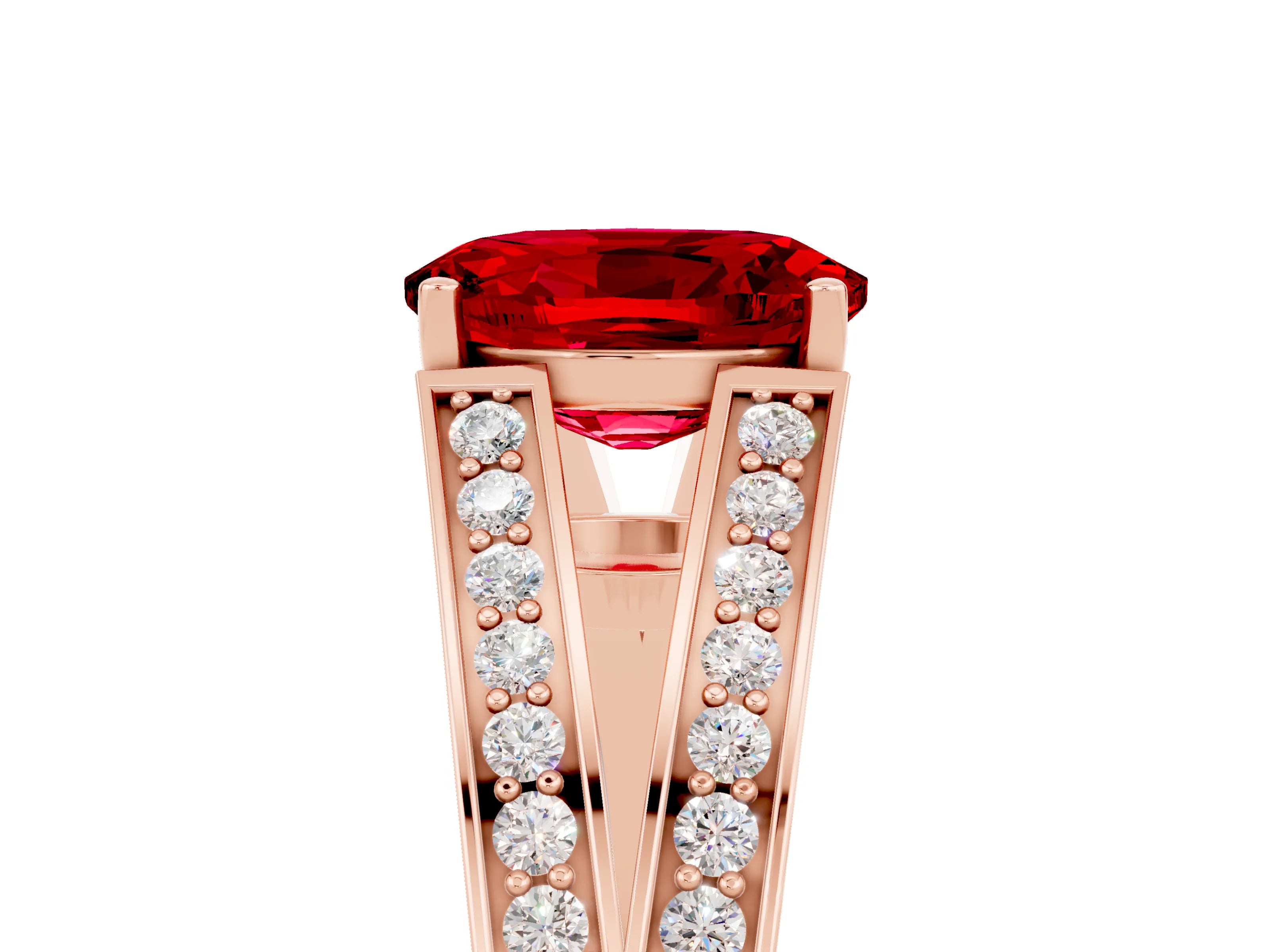 Rose gold Oval Cut Ruby Split Shank Ring with Pavé Band and Four-Prong Setting_5