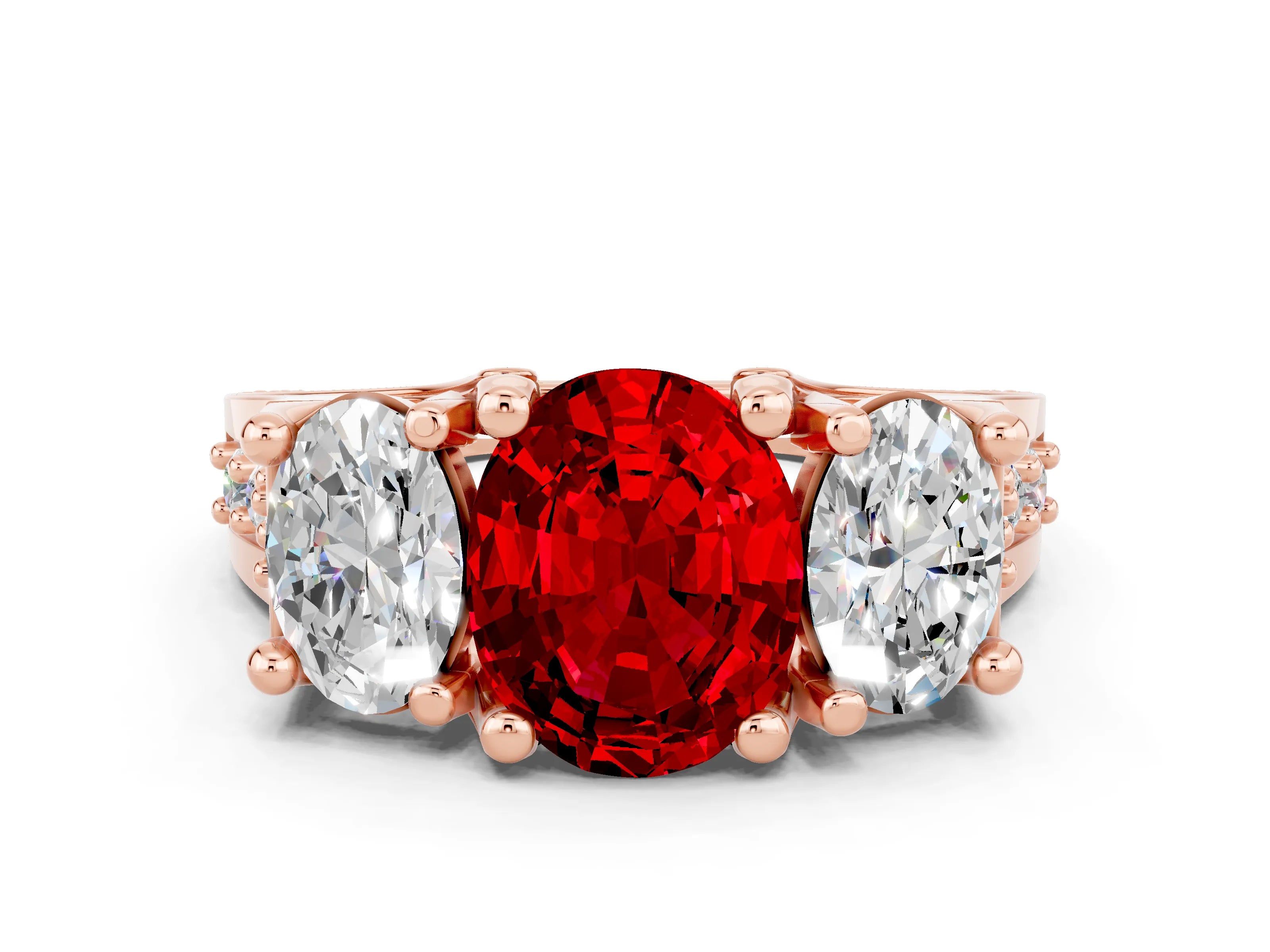 Rose gold Oval Cut Ruby Three-Stone Ring with Channel Set Band and Four-Prong Setting