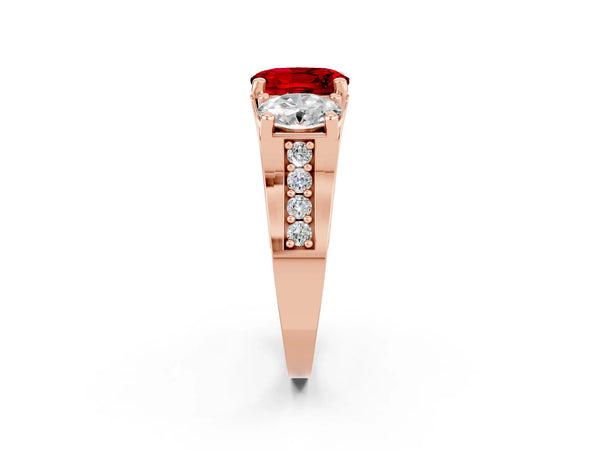 Rose gold Oval Cut Ruby Three-Stone Ring with Channel Set Band and Four-Prong Setting