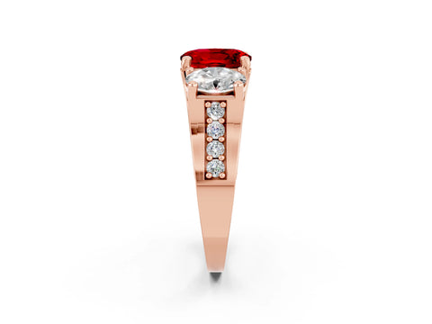 Rose gold Oval Cut Ruby Three-Stone Ring with Channel Set Band and Four-Prong Setting_2