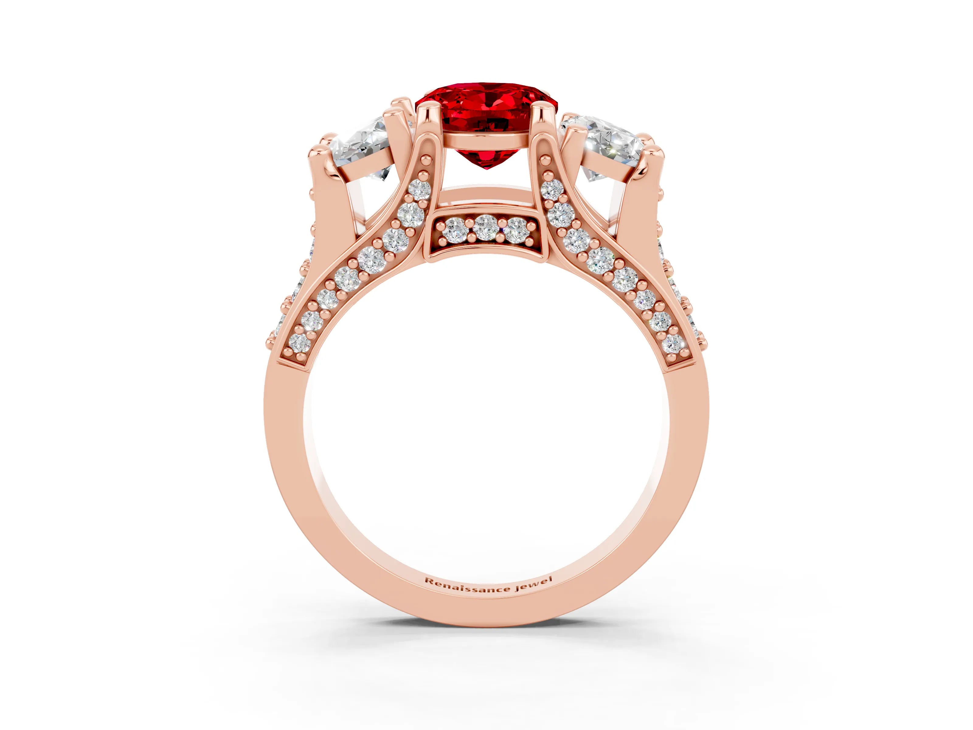Rose gold Oval Cut Ruby Three-Stone Ring with Channel Set Band and Four-Prong Setting_3