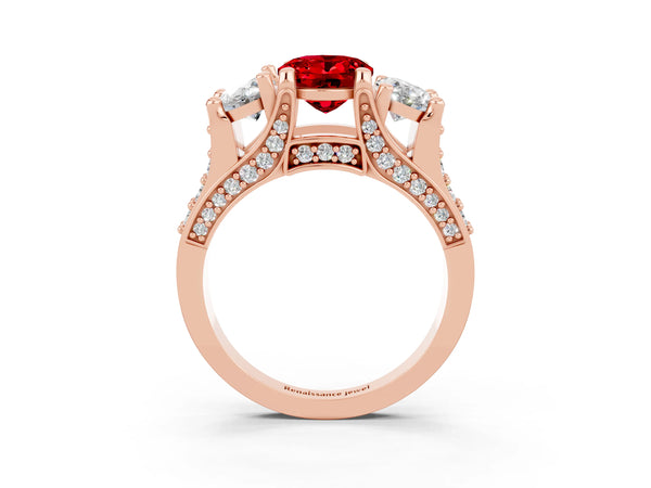 Rose gold Oval Cut Ruby Three-Stone Ring with Channel Set Band and Four-Prong Setting
