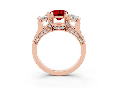 Rose gold Oval Cut Ruby Three-Stone Ring with Channel Set Band and Four-Prong Setting_3