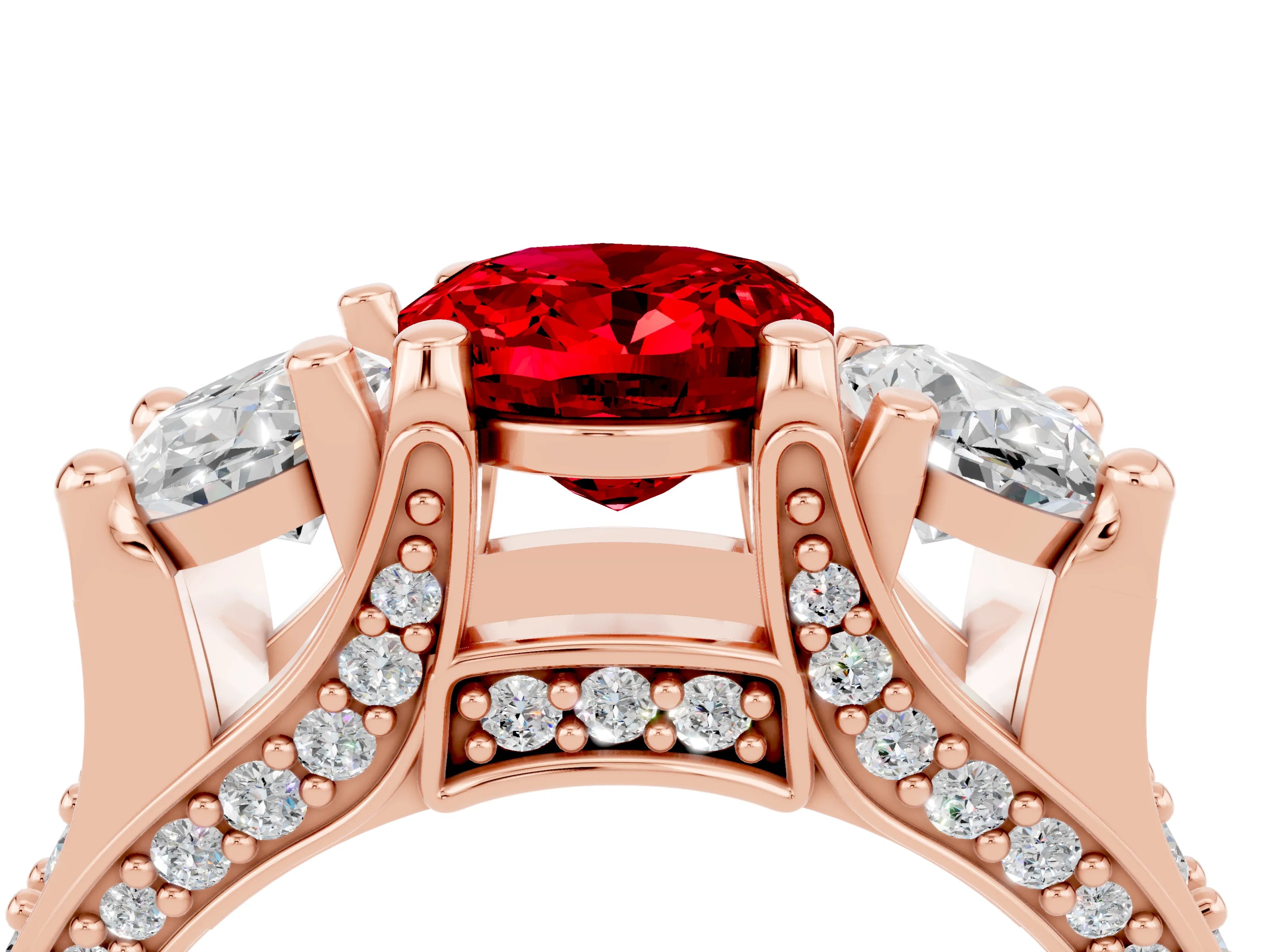Rose gold Oval Cut Ruby Three-Stone Ring with Channel Set Band and Four-Prong Setting_4