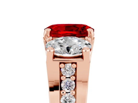 Rose gold Oval Cut Ruby Three-Stone Ring with Channel Set Band and Four-Prong Setting_5