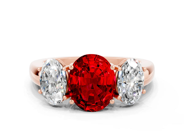 Rose gold Oval Cut Ruby Three-Stone Ring with Four-Prong Setting and Classic Band
