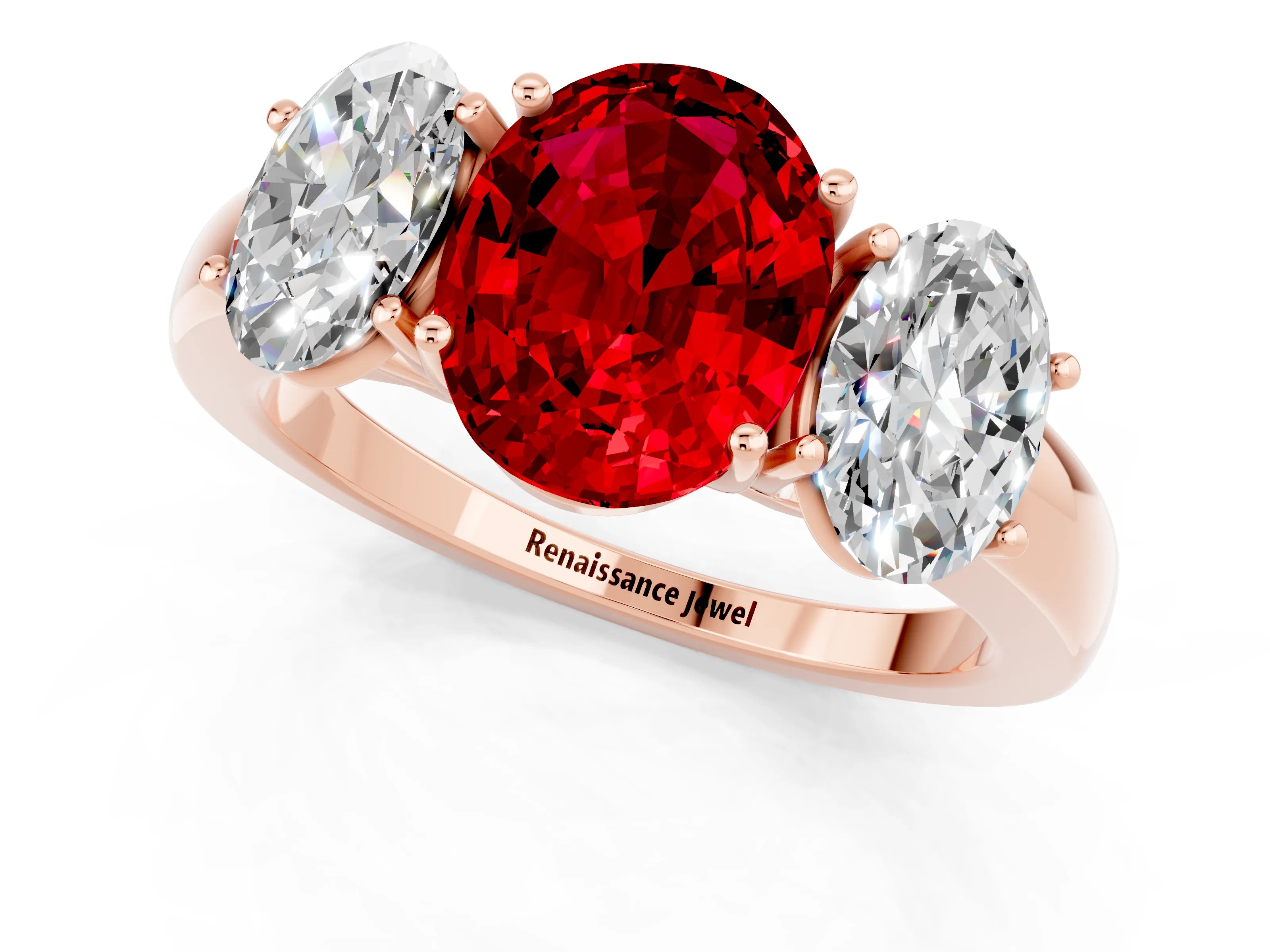 Rose gold Oval Cut Ruby Three-Stone Ring with Four-Prong Setting and Classic Band_1