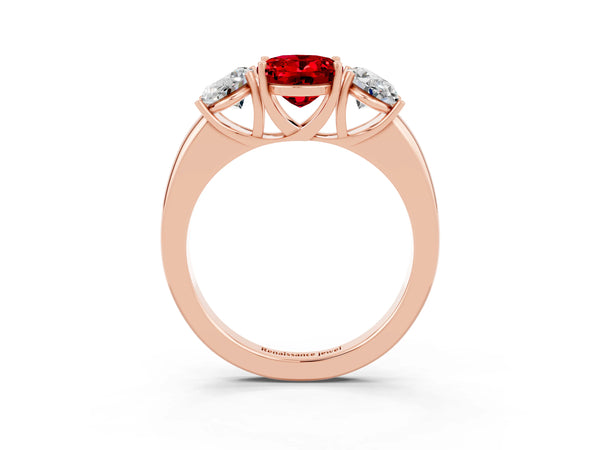 Rose gold Oval Cut Ruby Three-Stone Ring with Four-Prong Setting and Classic Band