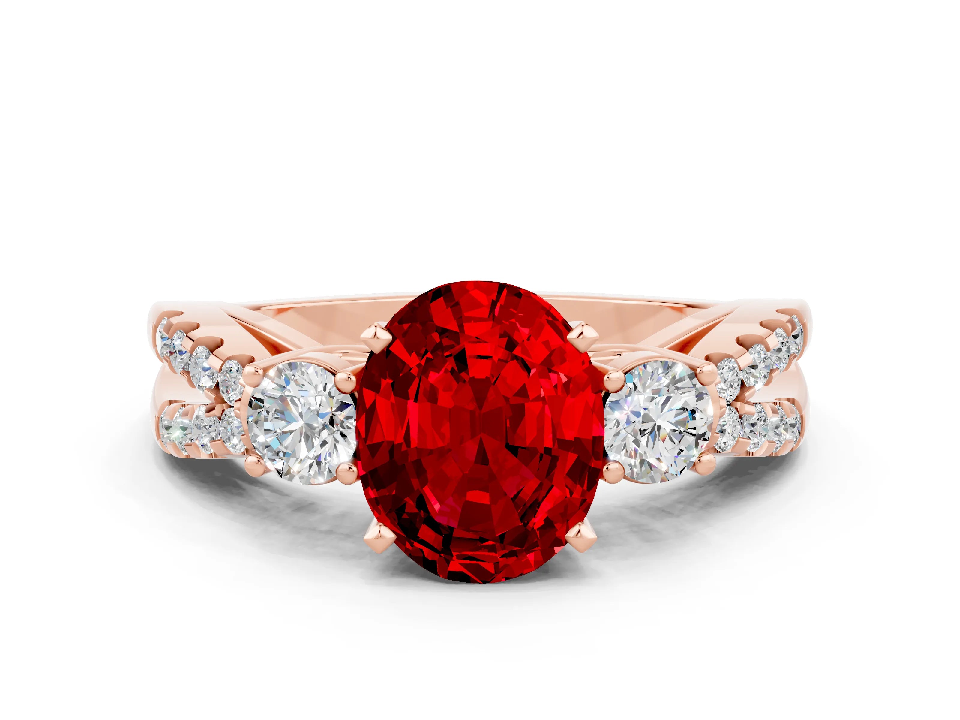 Rose gold Oval Cut Ruby Three-Stone Ring with Pavé Split Shank and Four-Prong Setting_12