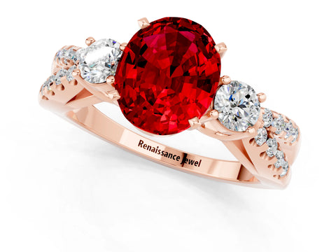 Rose gold Oval Cut Ruby Three-Stone Ring with Pavé Split Shank and Four-Prong Setting_13