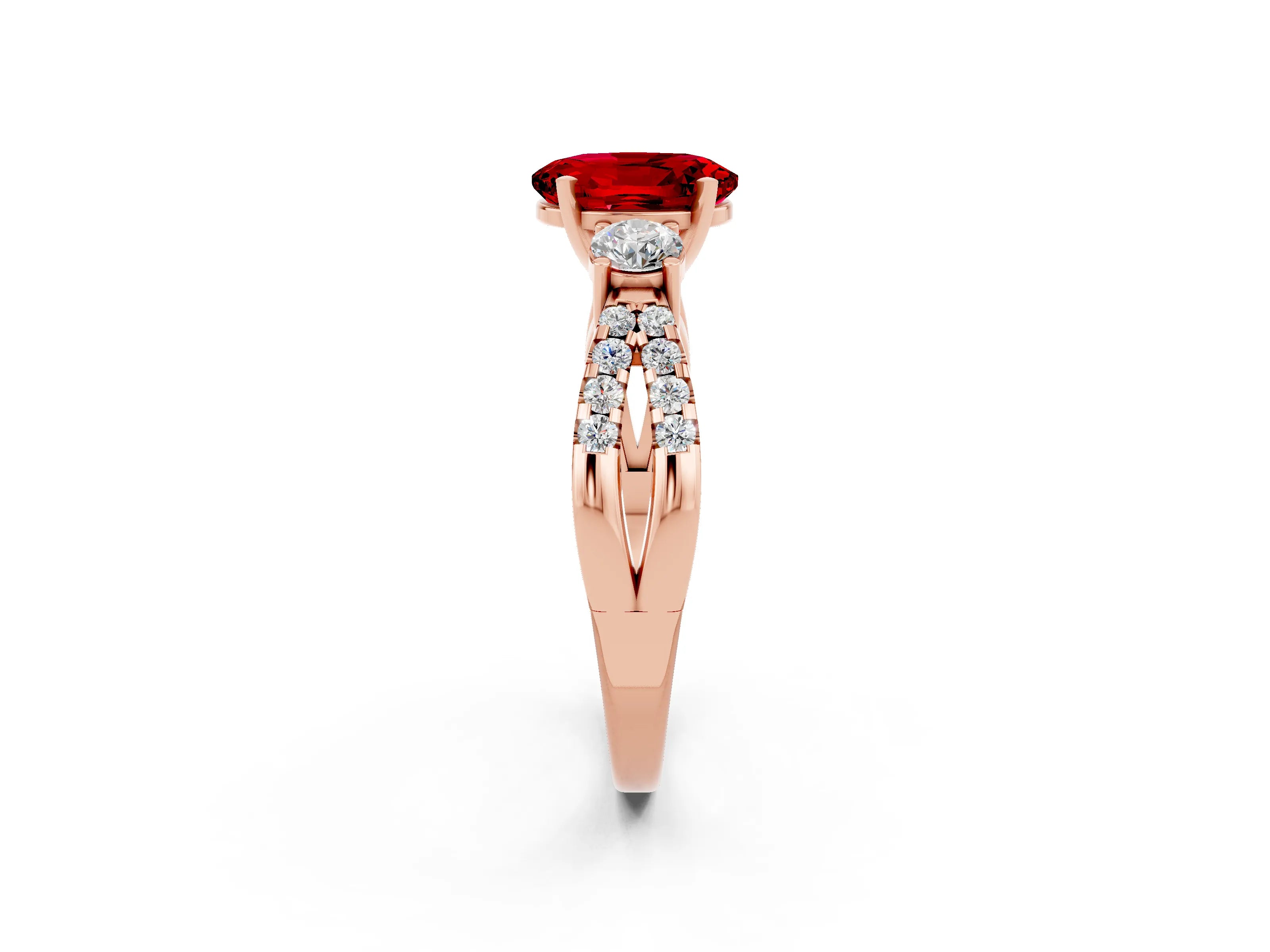 Rose gold Oval Cut Ruby Three-Stone Ring with Pavé Split Shank and Four-Prong Setting_14