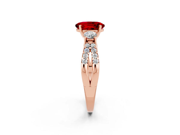 Rose gold Oval Cut Ruby Three-Stone Ring with Pavé Split Shank and Four-Prong Setting