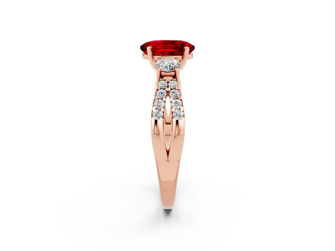 Rose gold Oval Cut Ruby Three-Stone Ring with Pavé Split Shank and Four-Prong Setting_14