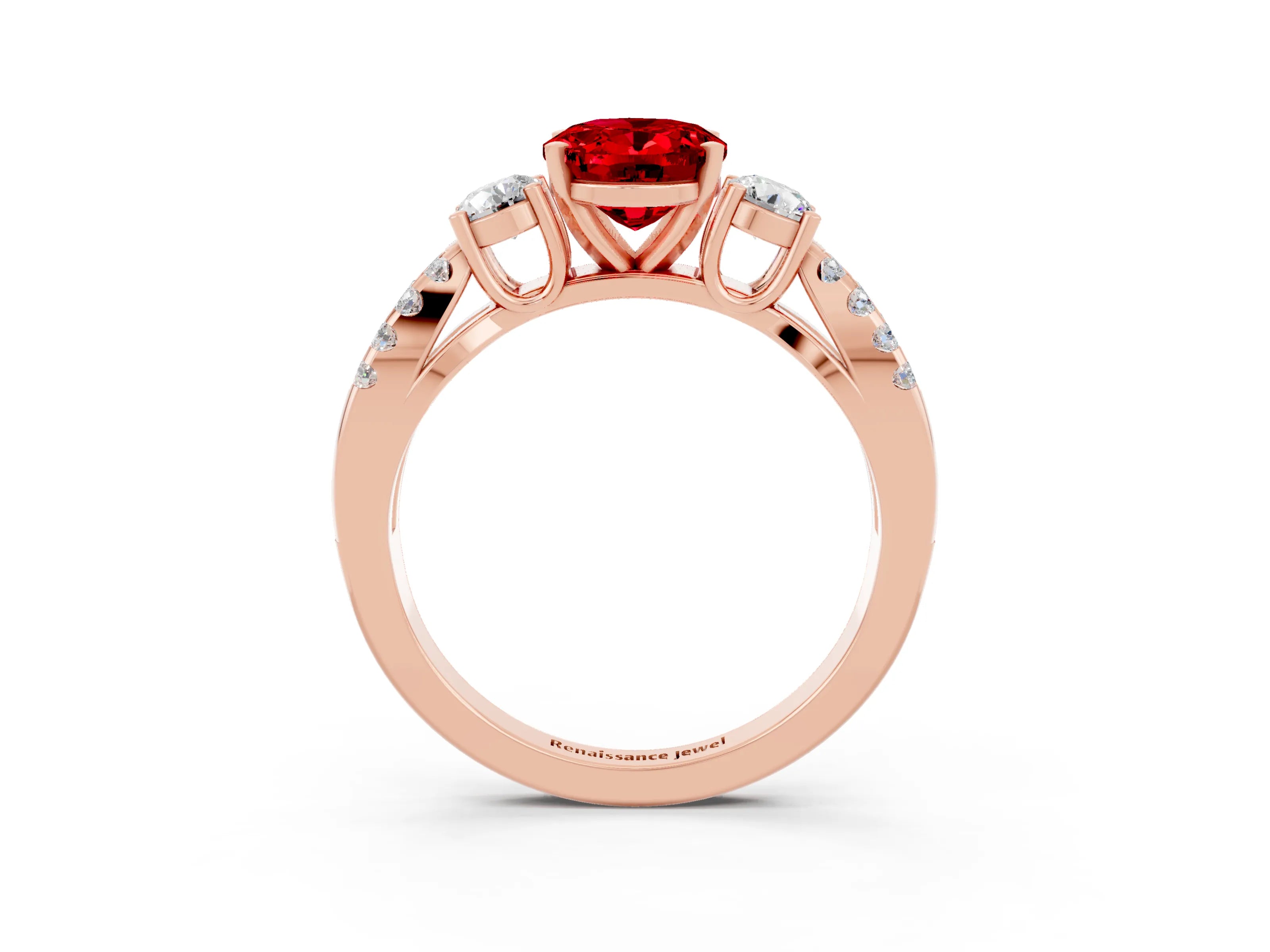 Rose gold Oval Cut Ruby Three-Stone Ring with Pavé Split Shank and Four-Prong Setting_15