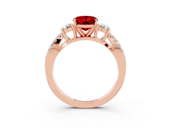 Rose gold Oval Cut Ruby Three-Stone Ring with Pavé Split Shank and Four-Prong Setting