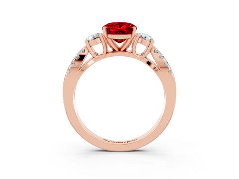 Rose gold Oval Cut Ruby Three-Stone Ring with Pavé Split Shank and Four-Prong Setting_15