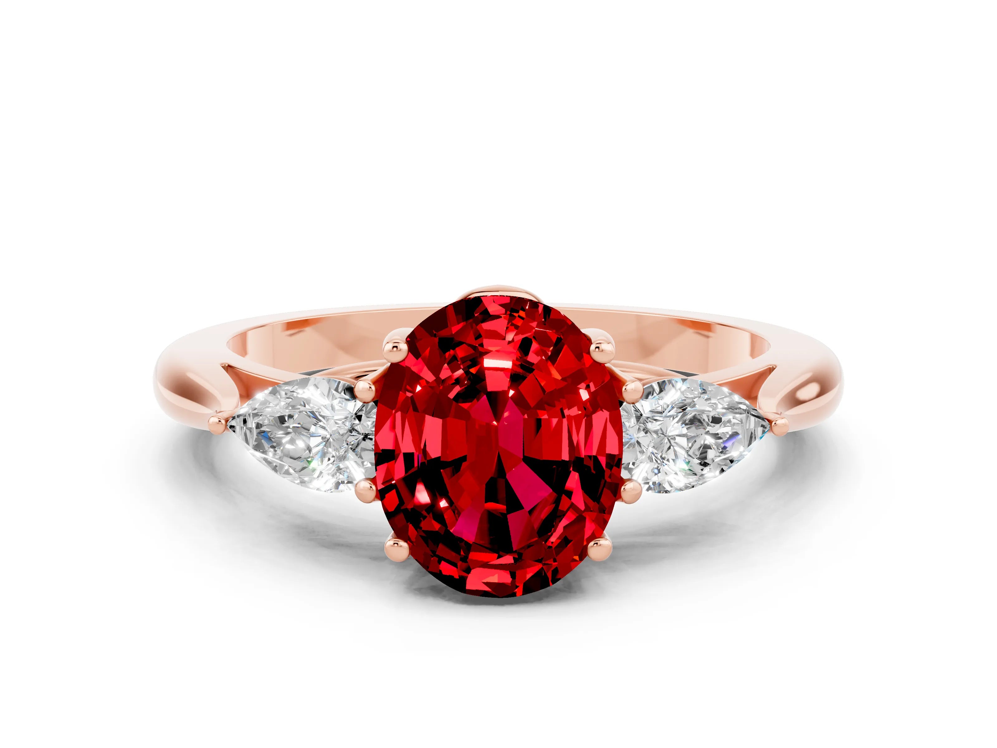 Rose gold Oval Cut Ruby Three-Stone Ring with Pear Side Stones and Four-Prong Setting_34