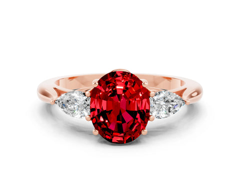 Rose gold Oval Cut Ruby Three-Stone Ring with Pear Side Stones and Four-Prong Setting_34