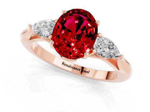 Rose gold Oval Cut Ruby Three-Stone Ring with Pear Side Stones and Four-Prong Setting_35