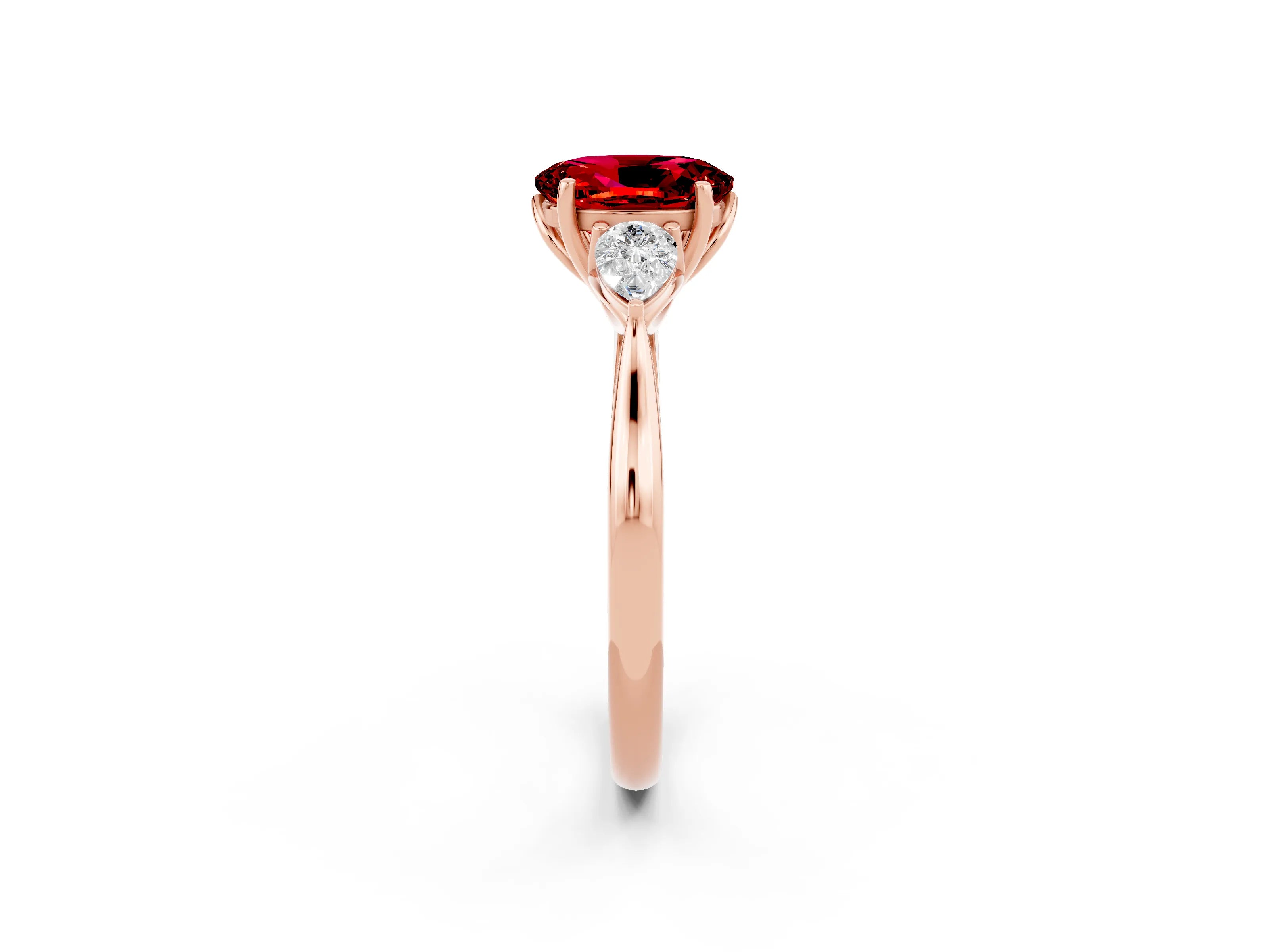 Rose gold Oval Cut Ruby Three-Stone Ring with Pear Side Stones and Four-Prong Setting_36