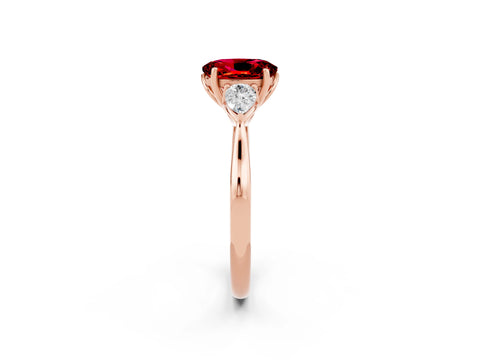 Rose gold Oval Cut Ruby Three-Stone Ring with Pear Side Stones and Four-Prong Setting_36