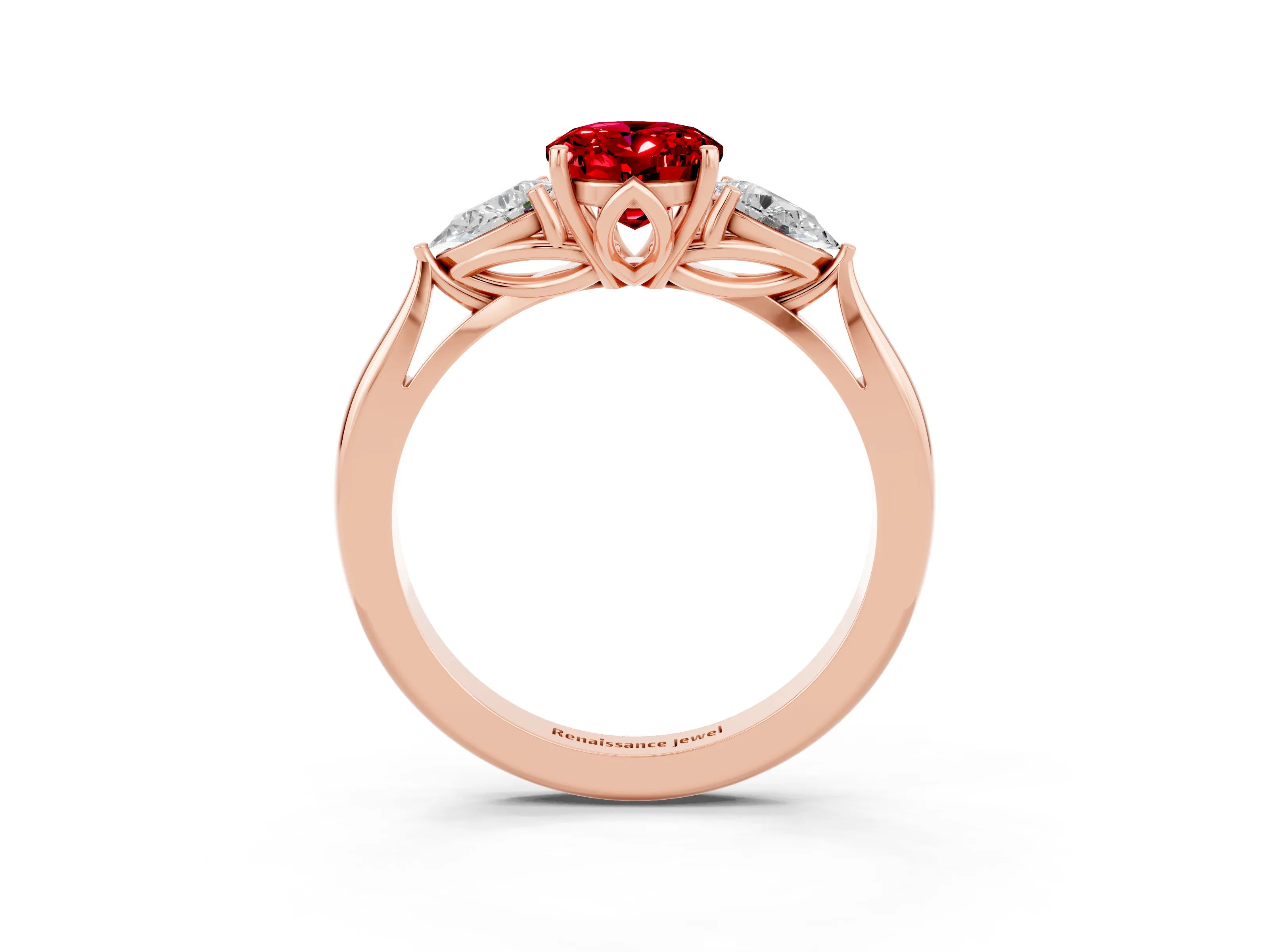 Rose gold Oval Cut Ruby Three-Stone Ring with Pear Side Stones and Four-Prong Setting_37