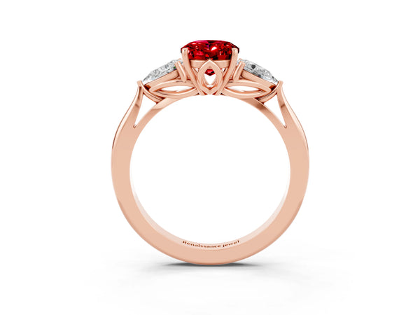 Rose gold Oval Cut Ruby Three-Stone Ring with Pear  Side Stones and Prong Setting