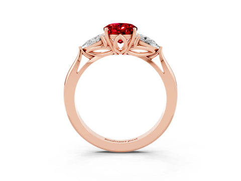 Rose gold Oval Cut Ruby Three-Stone Ring with Pear Side Stones and Four-Prong Setting_37