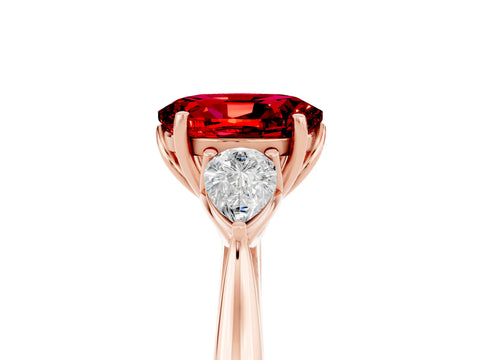 Rose gold Oval Cut Ruby Three-Stone Ring with Pear Side Stones and Four-Prong Setting_39