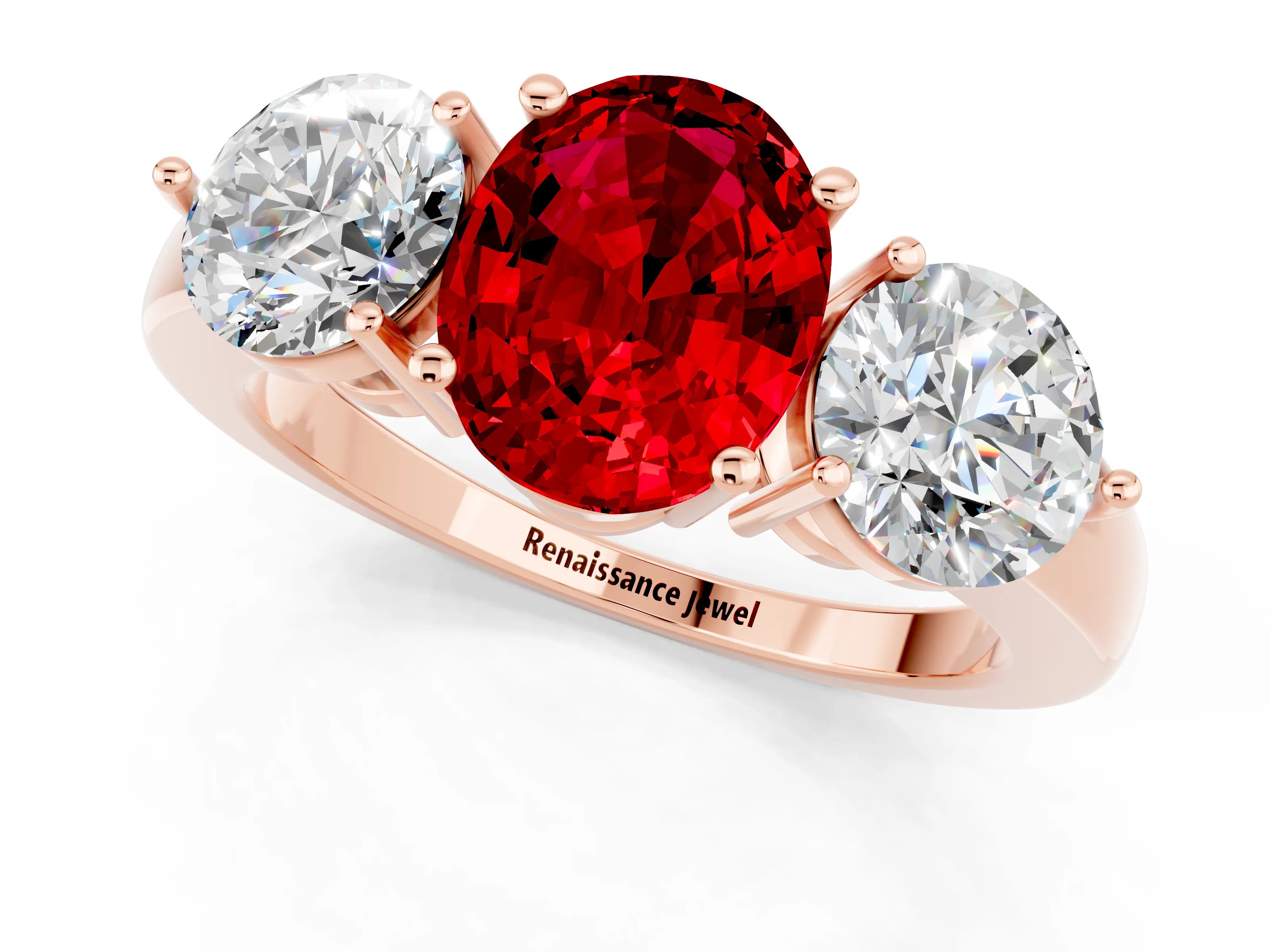 Rose gold Oval Cut Ruby Three-Stone Ring with Prong Setting and Classic Band_1