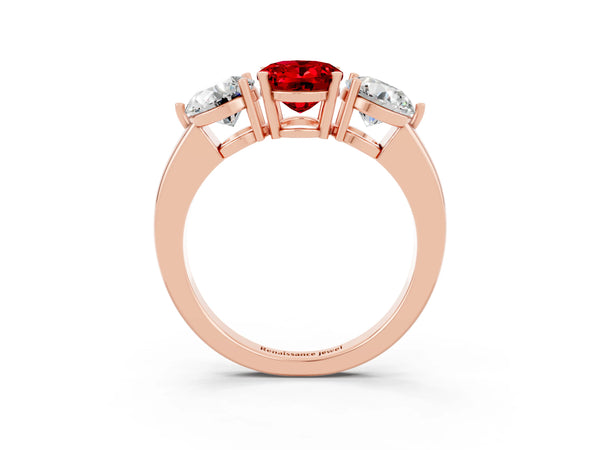 Rose gold Oval Cut Ruby Three-Stone Ring with Prong Setting and Classic Band