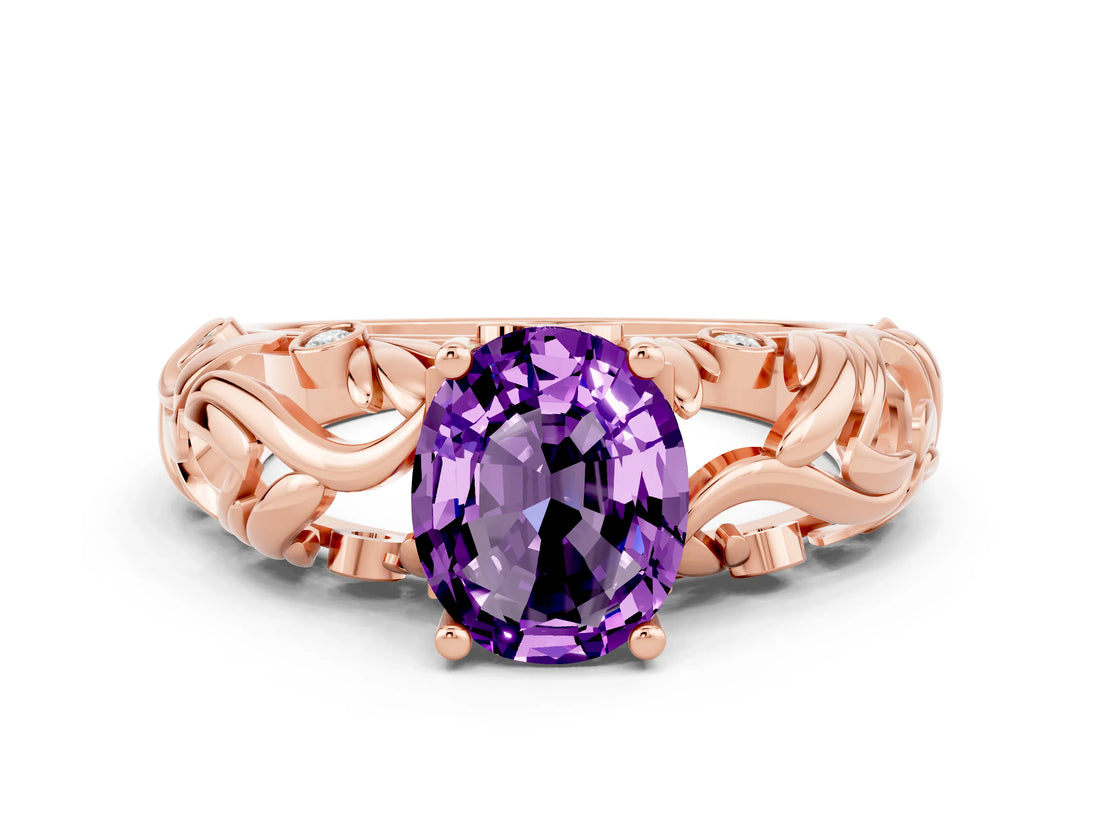 Rose gold Oval Cut Solitaire Amethyst Leaf-Inspired Vine Band Ring with Prong Setting