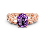 Rose gold Oval Cut Solitaire Amethyst Leaf-Inspired Vine Band Ring with Prong Setting