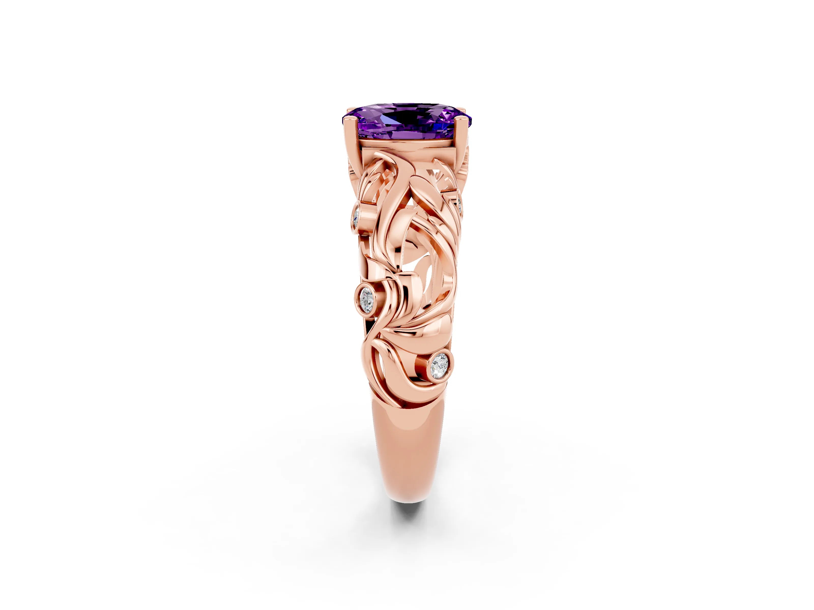 Rose gold Oval Cut Solitaire Amethyst Leaf-Inspired Vine Band Ring with Prong Setting_2