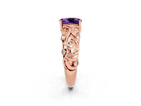Rose gold Oval Cut Solitaire Amethyst Leaf-Inspired Vine Band Ring with Prong Setting_2