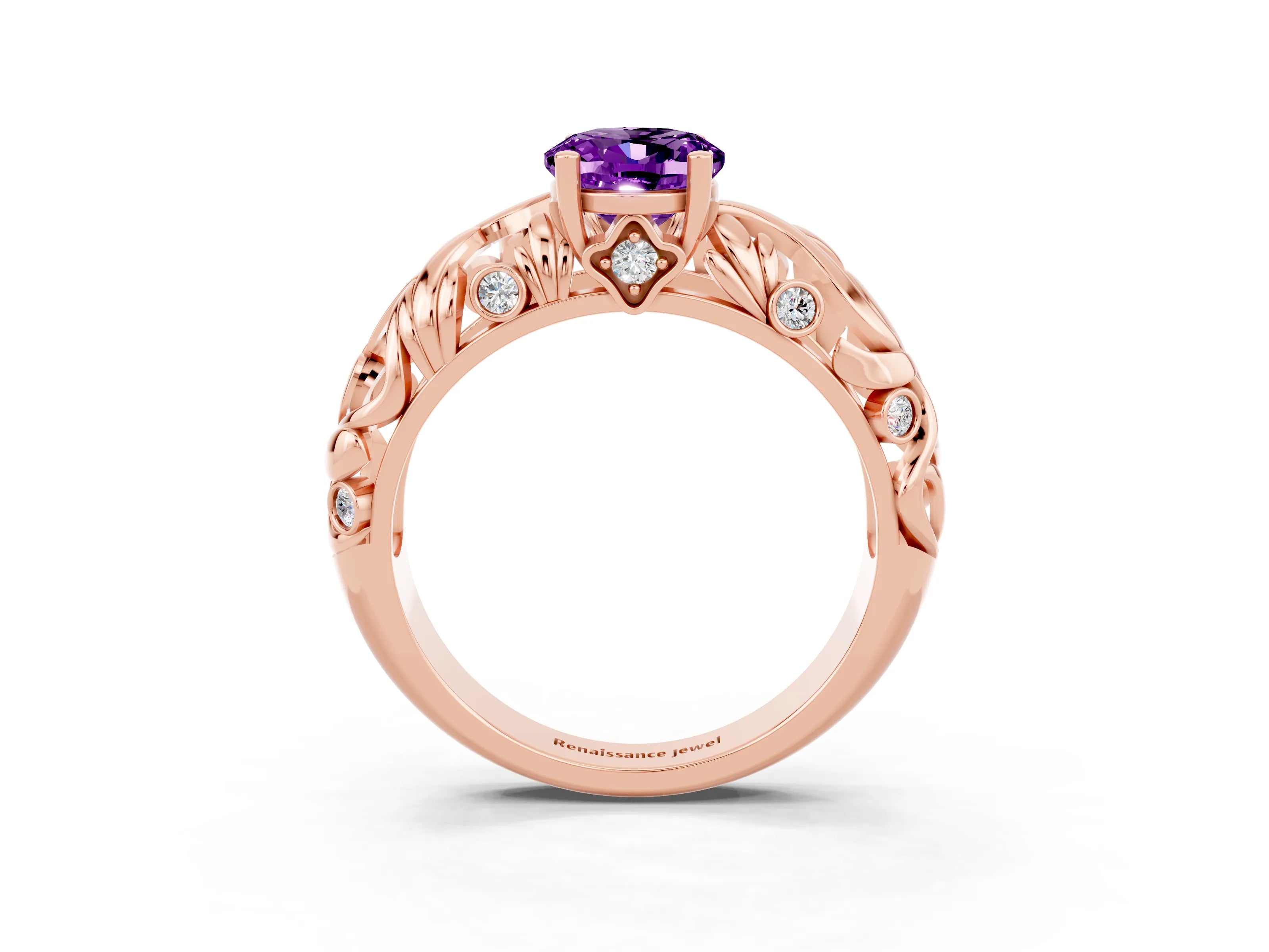 Rose gold Oval Cut Solitaire Amethyst Leaf-Inspired Vine Band Ring with Prong Setting_3