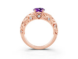 Rose gold Oval Cut Solitaire Amethyst Leaf-Inspired Vine Band Ring with Prong Setting_3