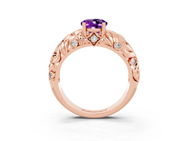 Rose gold Oval Cut Solitaire Amethyst Leaf-Inspired Vine Band Ring with Prong Setting