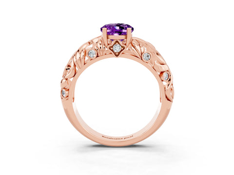 Rose gold Oval Cut Solitaire Amethyst Leaf-Inspired Vine Band Ring with Prong Setting_3
