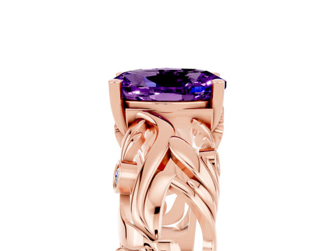 Rose gold Oval Cut Solitaire Amethyst Leaf-Inspired Vine Band Ring with Prong Setting_5