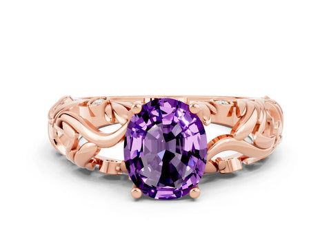 Rose gold Oval Cut Solitaire Amethyst Leaf-Inspired Vine Band Ring with Prong Setting