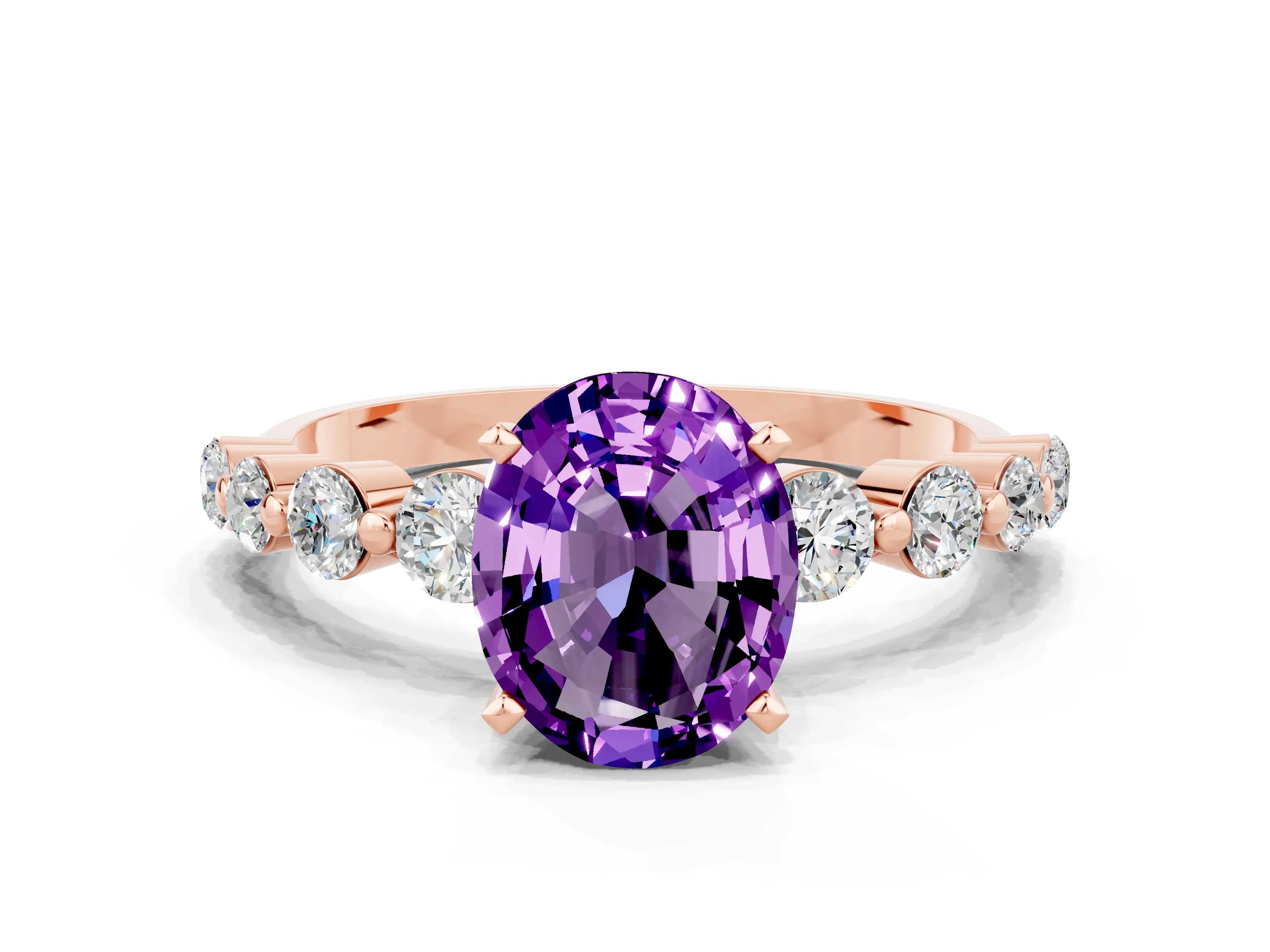 Rose gold Oval Cut Solitaire Amethyst Ring with Pave Band and Four-Prong Setting