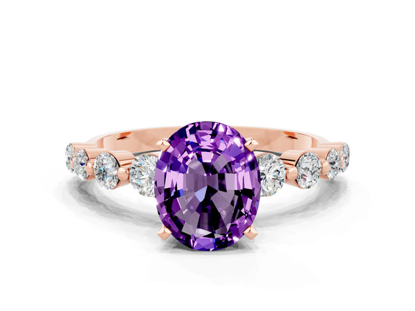 Rose gold Oval Cut Solitaire Amethyst Ring with Pave Band and Four-Prong Setting
