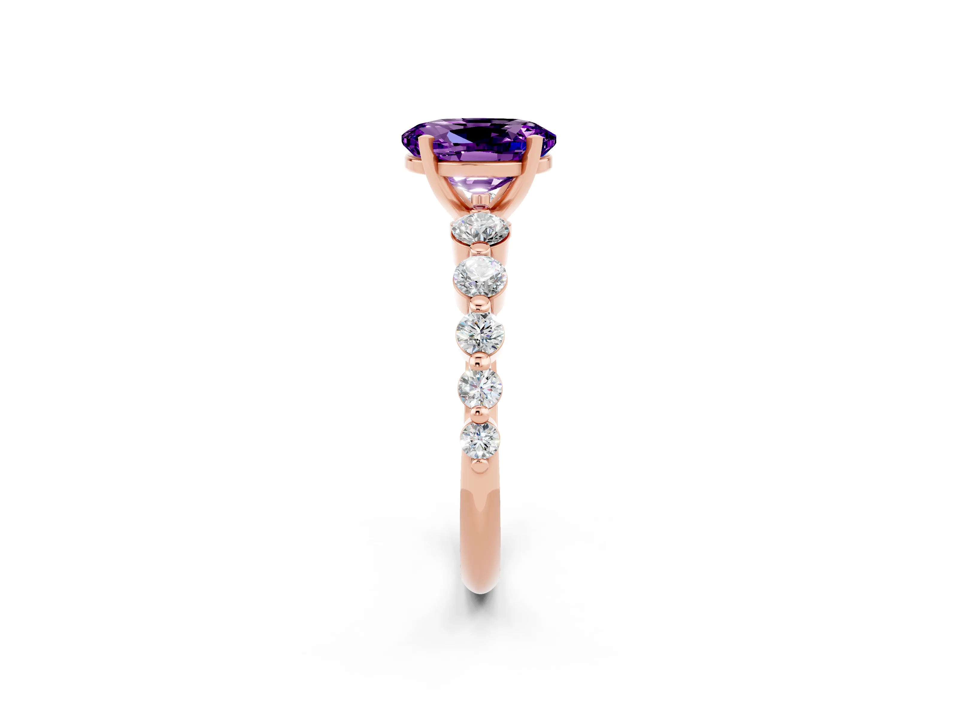Rose gold Oval Cut Solitaire Amethyst Ring with Pave Band and Four-Prong Setting_2