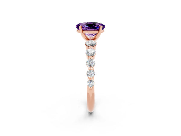 Rose gold Oval Cut Solitaire Amethyst Ring with Pave Band and Four-Prong Setting