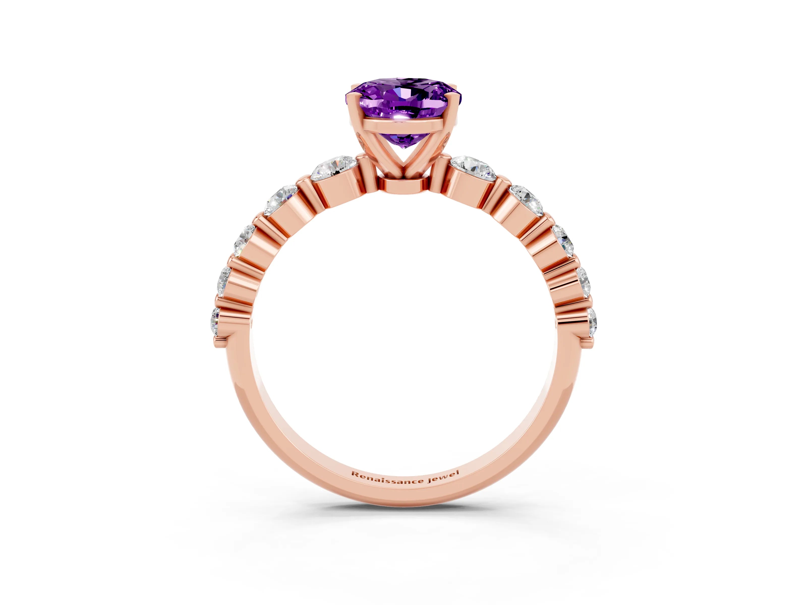 Rose gold Oval Cut Solitaire Amethyst Ring with Pave Band and Four-Prong Setting_3