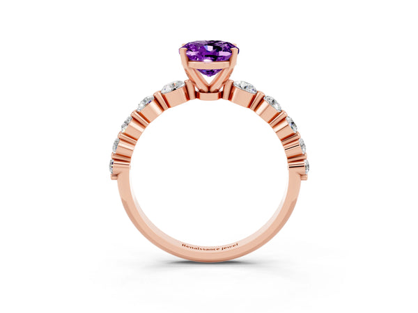 Rose gold Oval Cut Solitaire Amethyst Ring with Pave Band and Four-Prong Setting