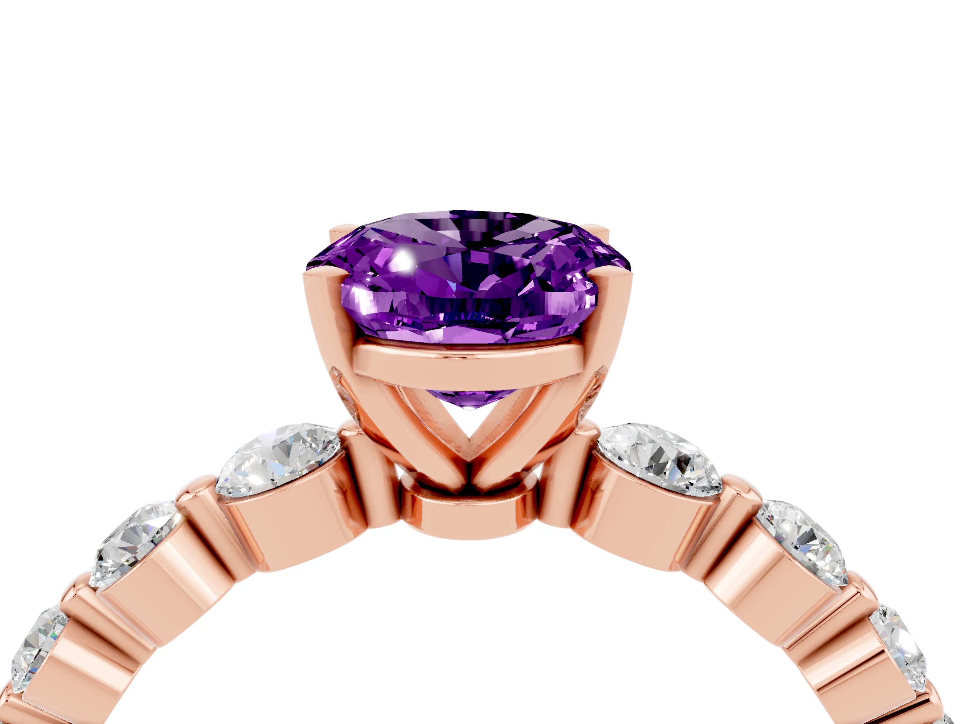 Rose gold Oval Cut Solitaire Amethyst Ring with Pave Band and Four-Prong Setting_4